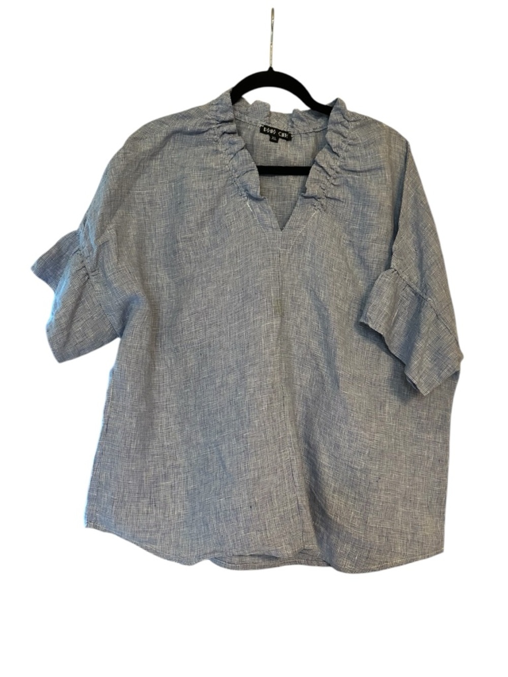 Boho Chic Blue Ruffled V-Neck Linen-Blend Top